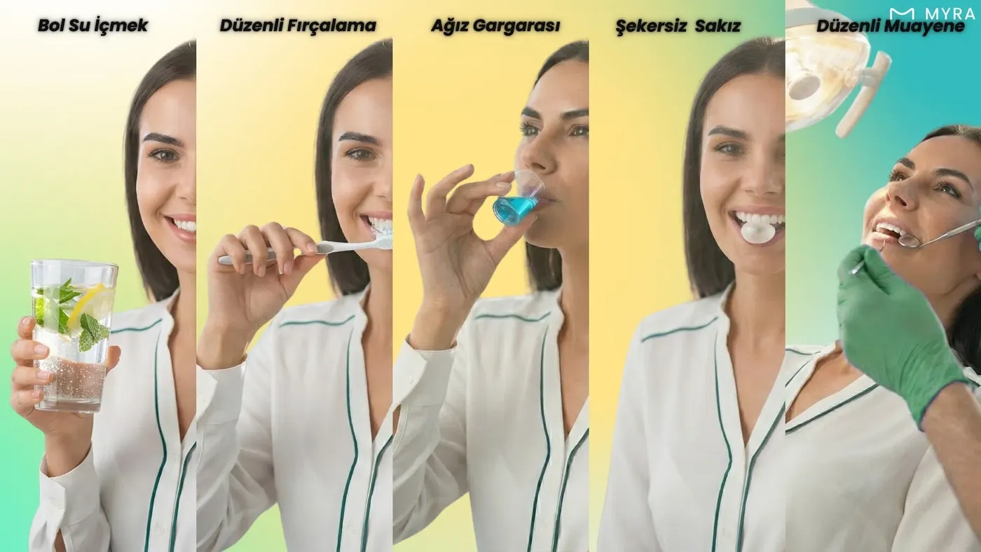 Dil temizliği, diş ipi, alkolsüz gargara ve su tüketimini gösteren bakım rutini görseli