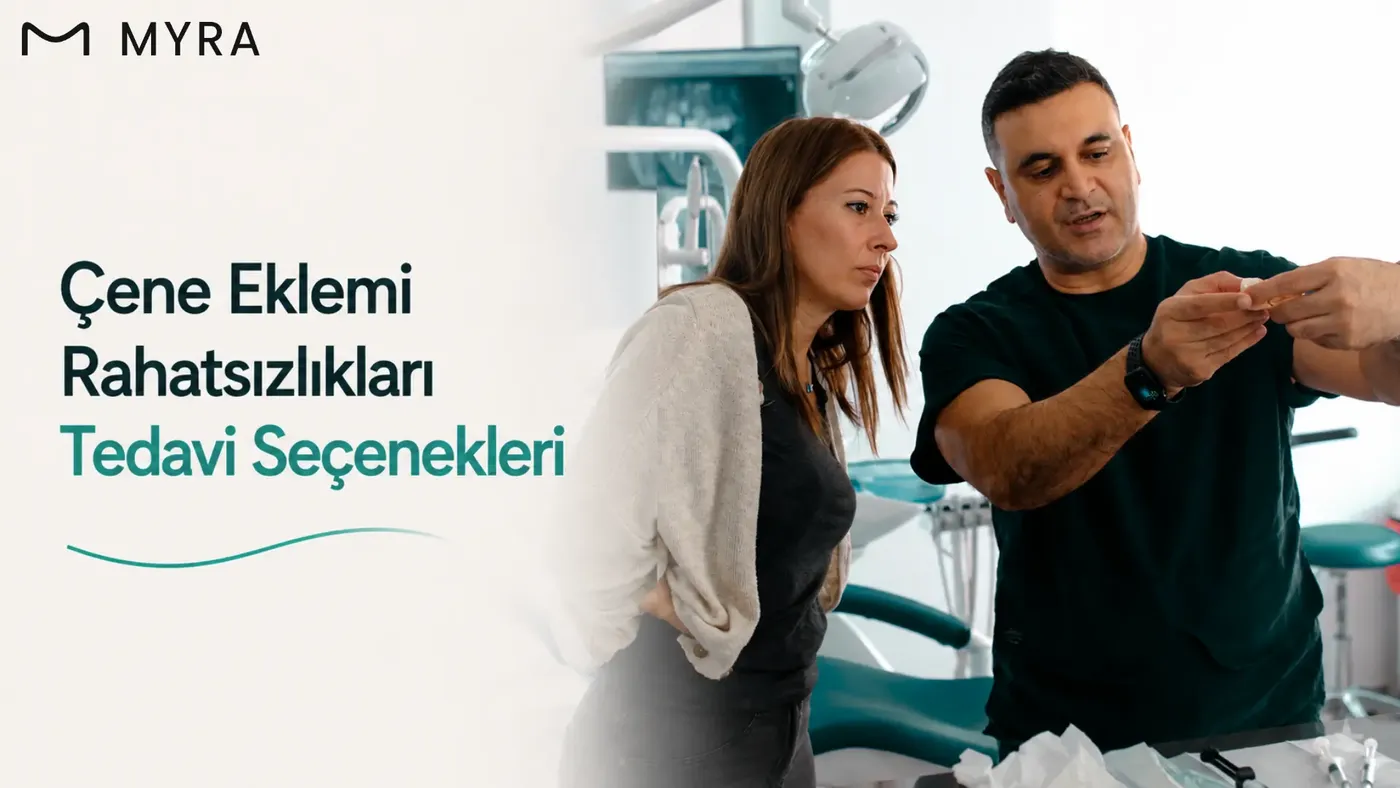 Çene eklemi tedavisinde sıcak uygulama, egzersiz ve gece plağını gösteren görsel