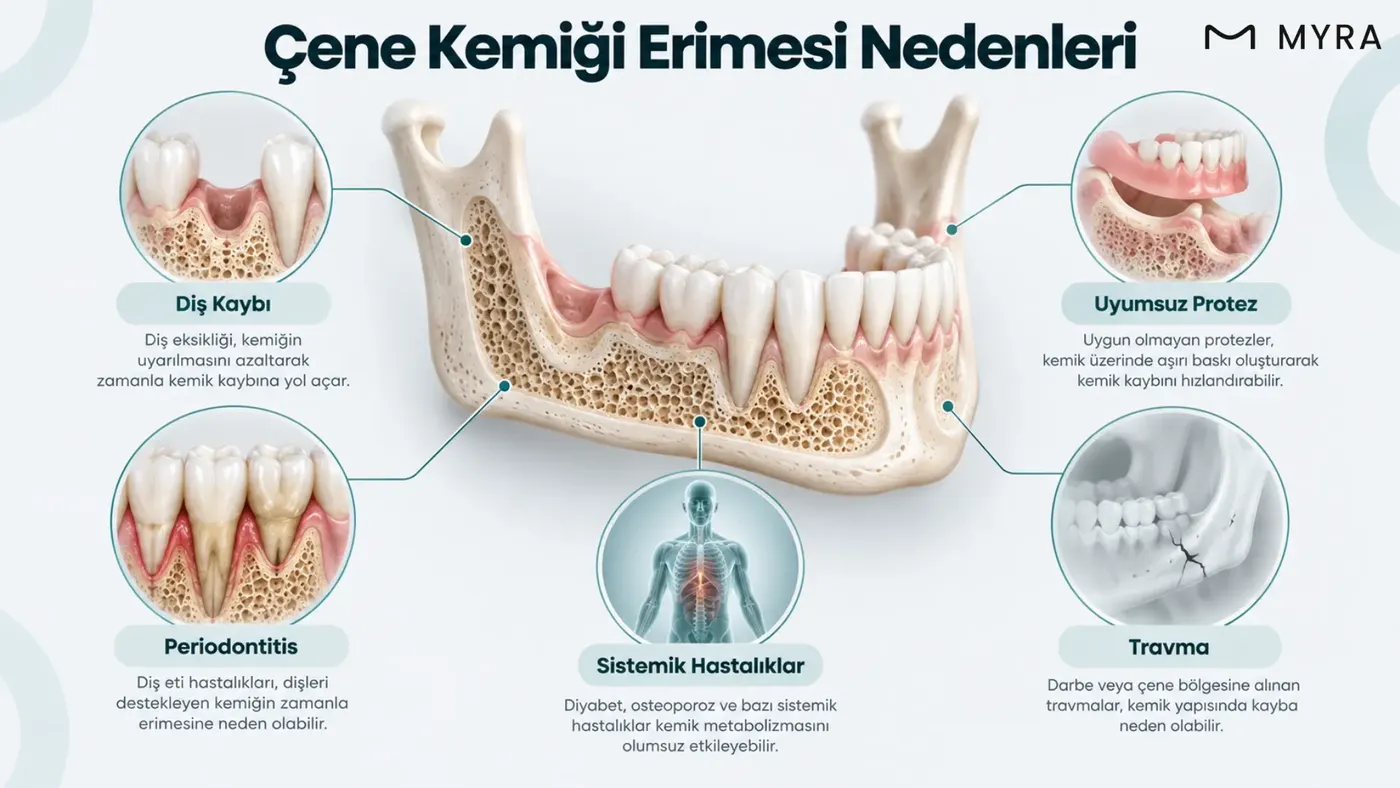 Diş kaybı, periodontitis, uyumsuz protez, sistemik hastalıklar ve travmayı bir arada gösteren nedenler şeması