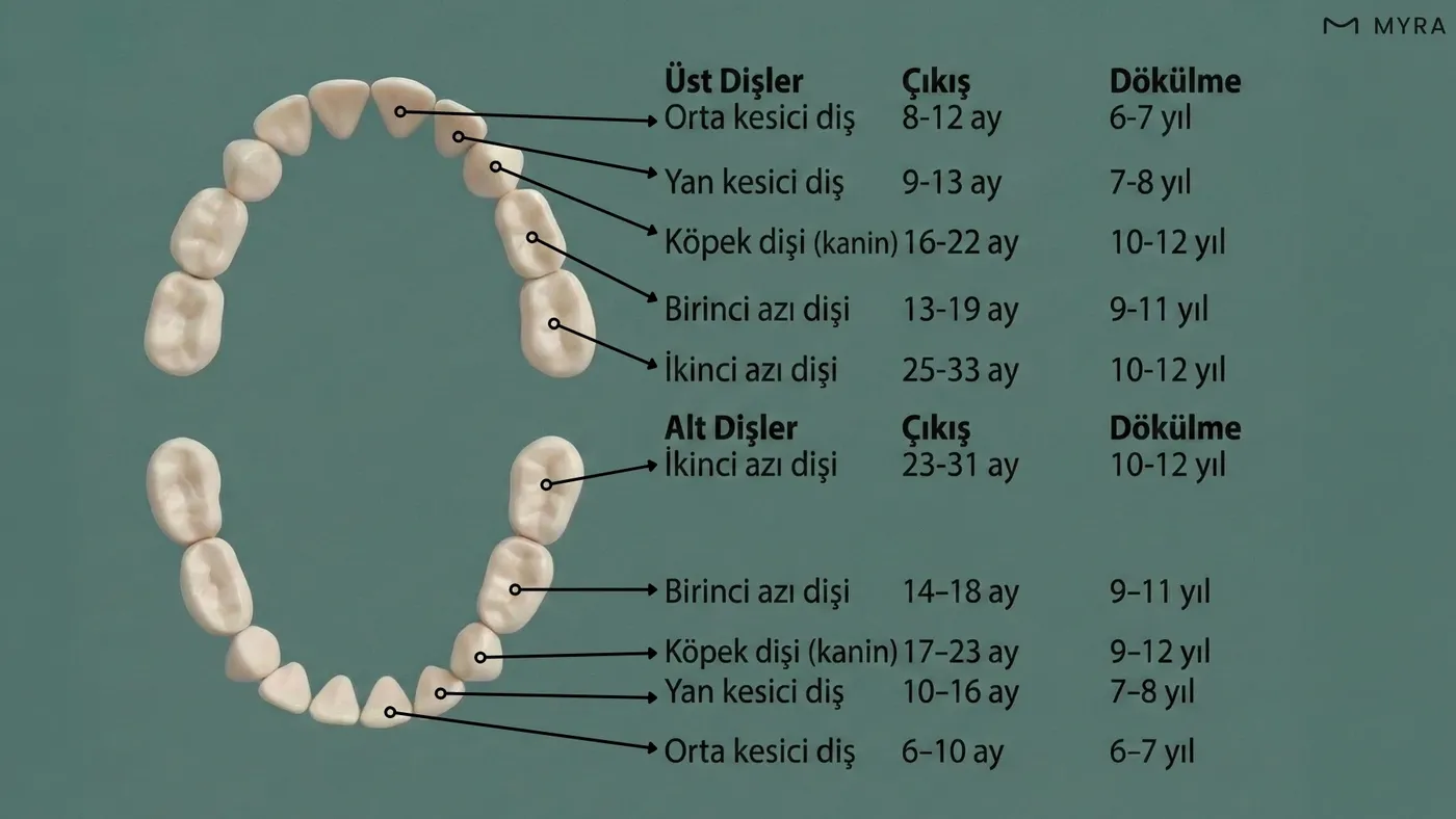 Çocuklarda kalıcı dişlerin yaşlara göre sürme zamanlarını gösteren tablo