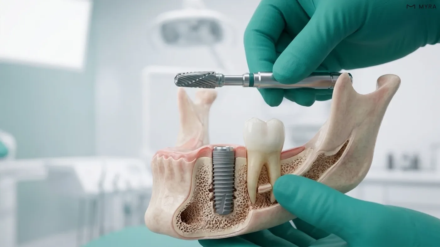 Titanyum implantın çene kemiği içine yerleştirildiği kesitsel görünüm