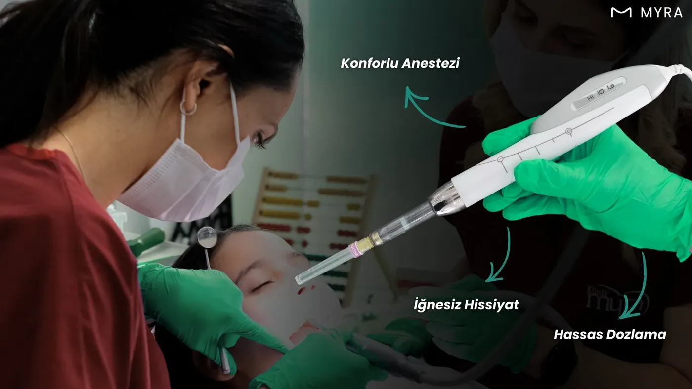 Kalem görünümlü dijital anestezi cihazı ve çocuğa uygulama şematik anlatım
