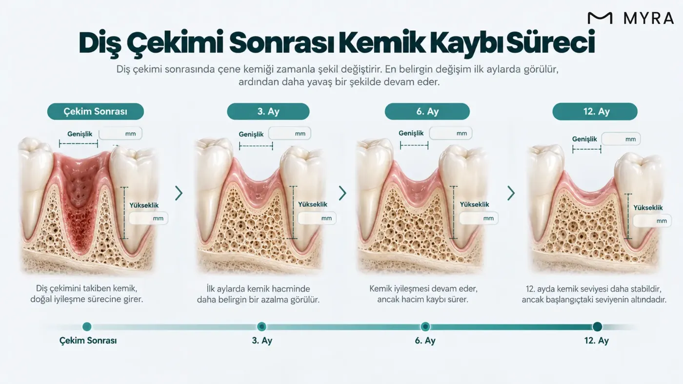Çekim sonrası ilk 12 ayda alveol kretinde oluşan genişlik ve yükseklik kaybını milimetre değerleriyle gösteren zaman çizelgesi