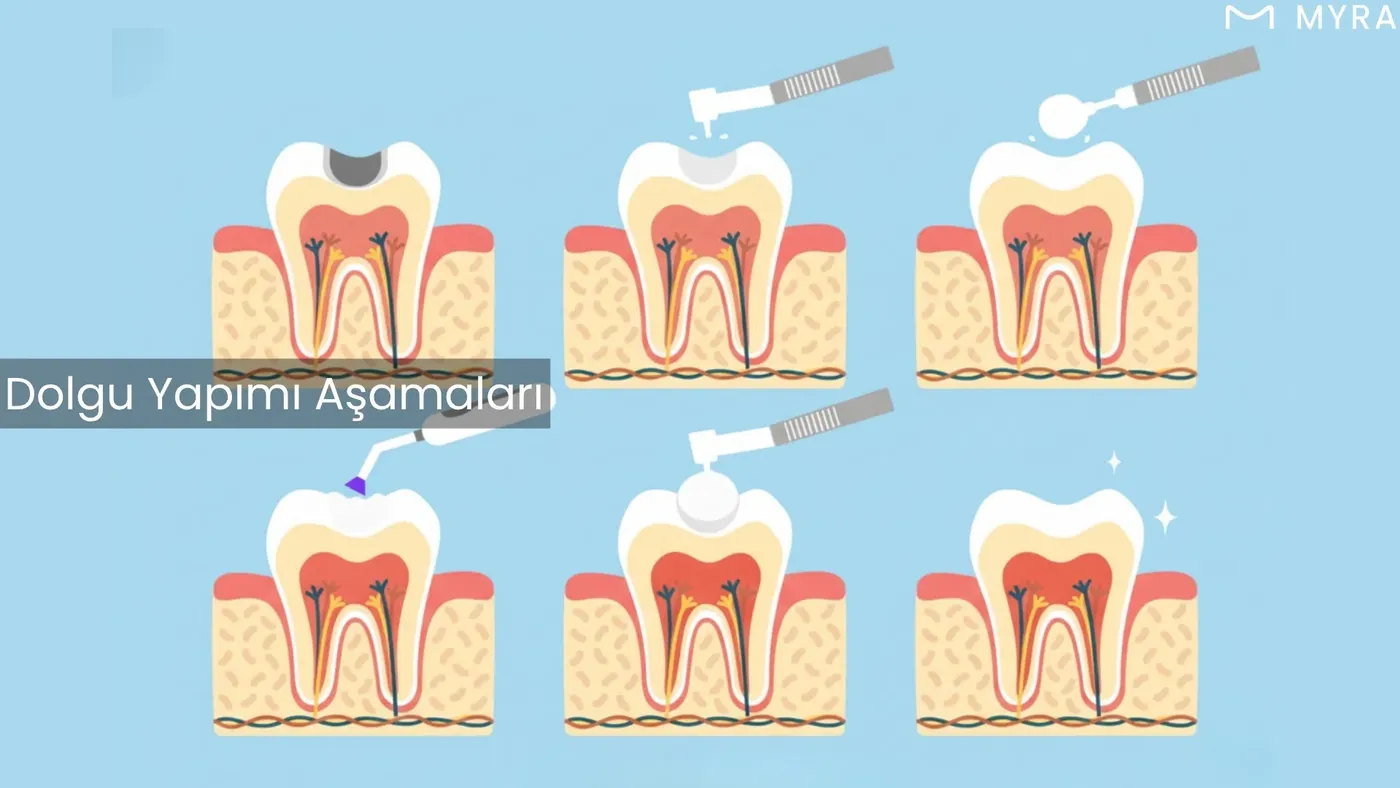 Diş hekiminin anestezi sonrası çürük bölgeyi temizlediği ve dolgu yaptığı aşamaları gösteren infografik