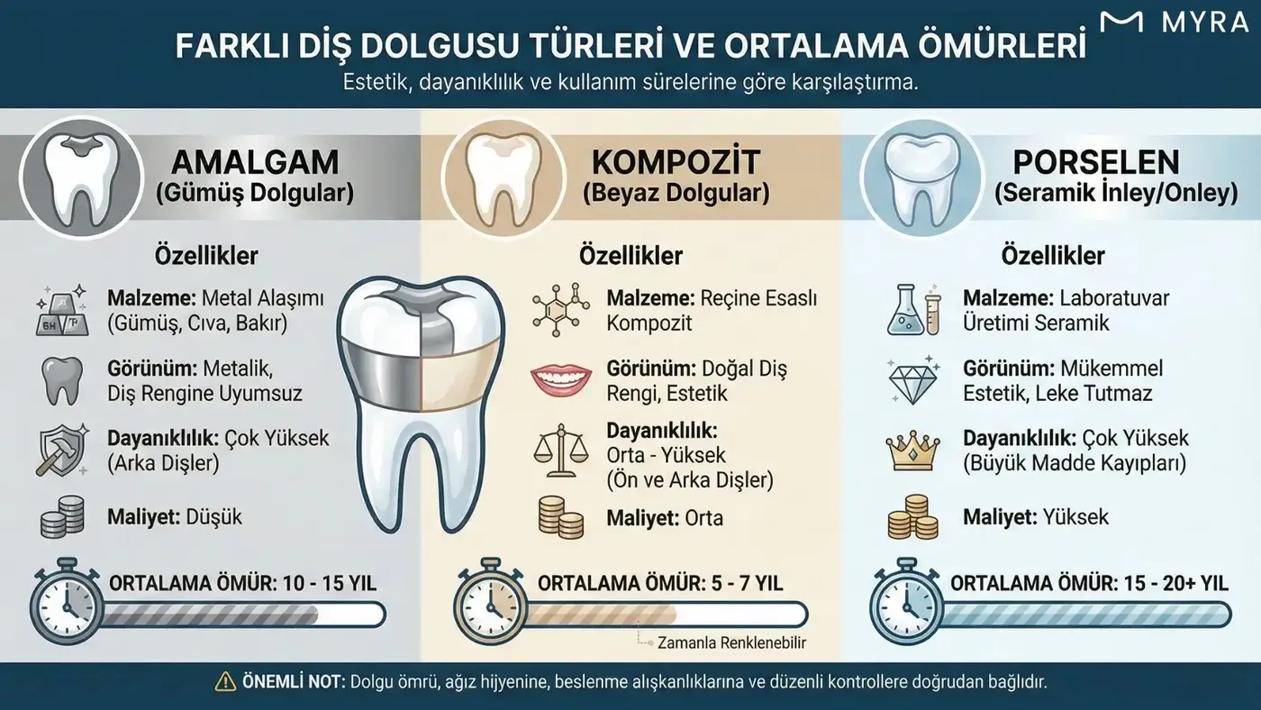 Kompozit, amalgam ve porselen dolgu türlerinin ömürlerini gösteren diş illüstrasyonu
