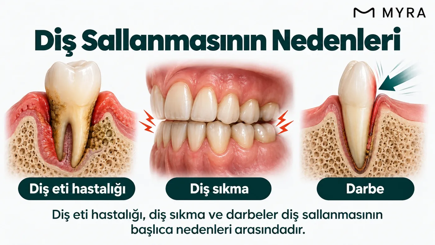 Diş sallanması nedenlerini gösteren diş ve diş eti illüstrasyonu
