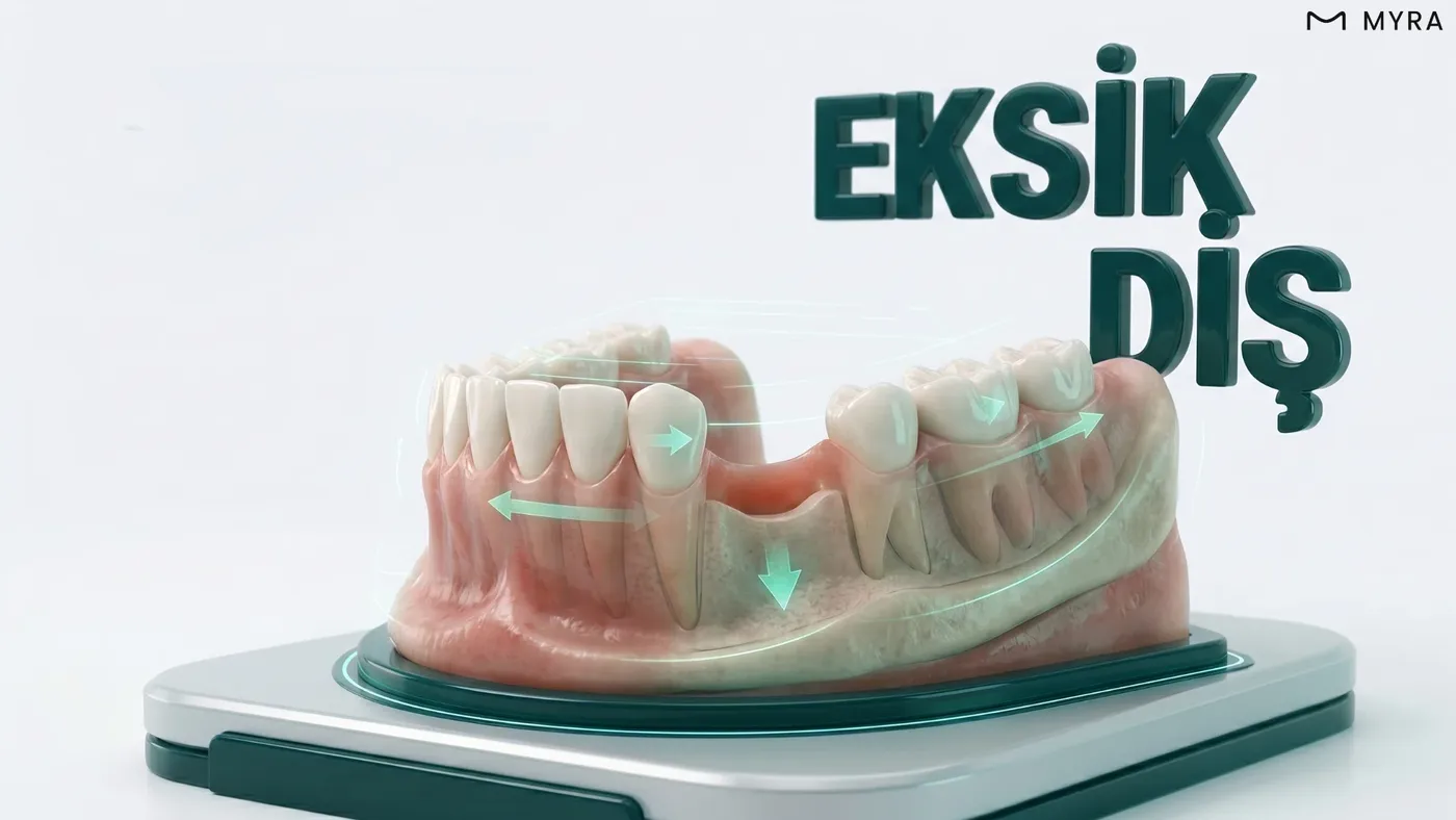 Eksik dişin ardından komşu dişlerin boşluğa doğru kaydığını gösteren diş anatomisi diyagramı 