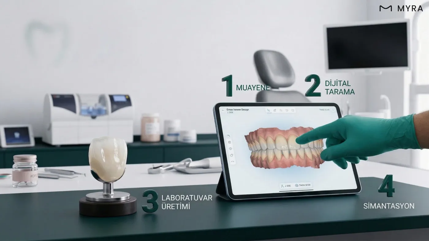 Emax kaplama işlem adımlarını gösteren şematik anlatım