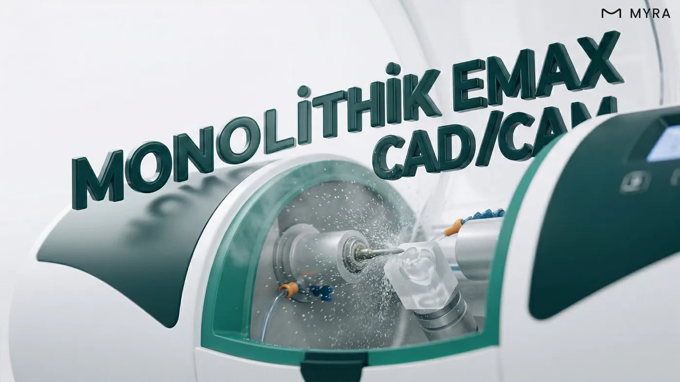 CAD/CAM cihazında Emax bloklarının kazındığı dijital üretim süreci