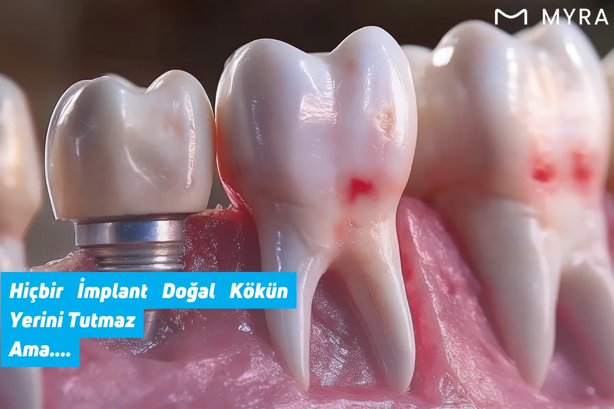 Sağlıklı bir implant ile doğal diş yan yana gösterimi