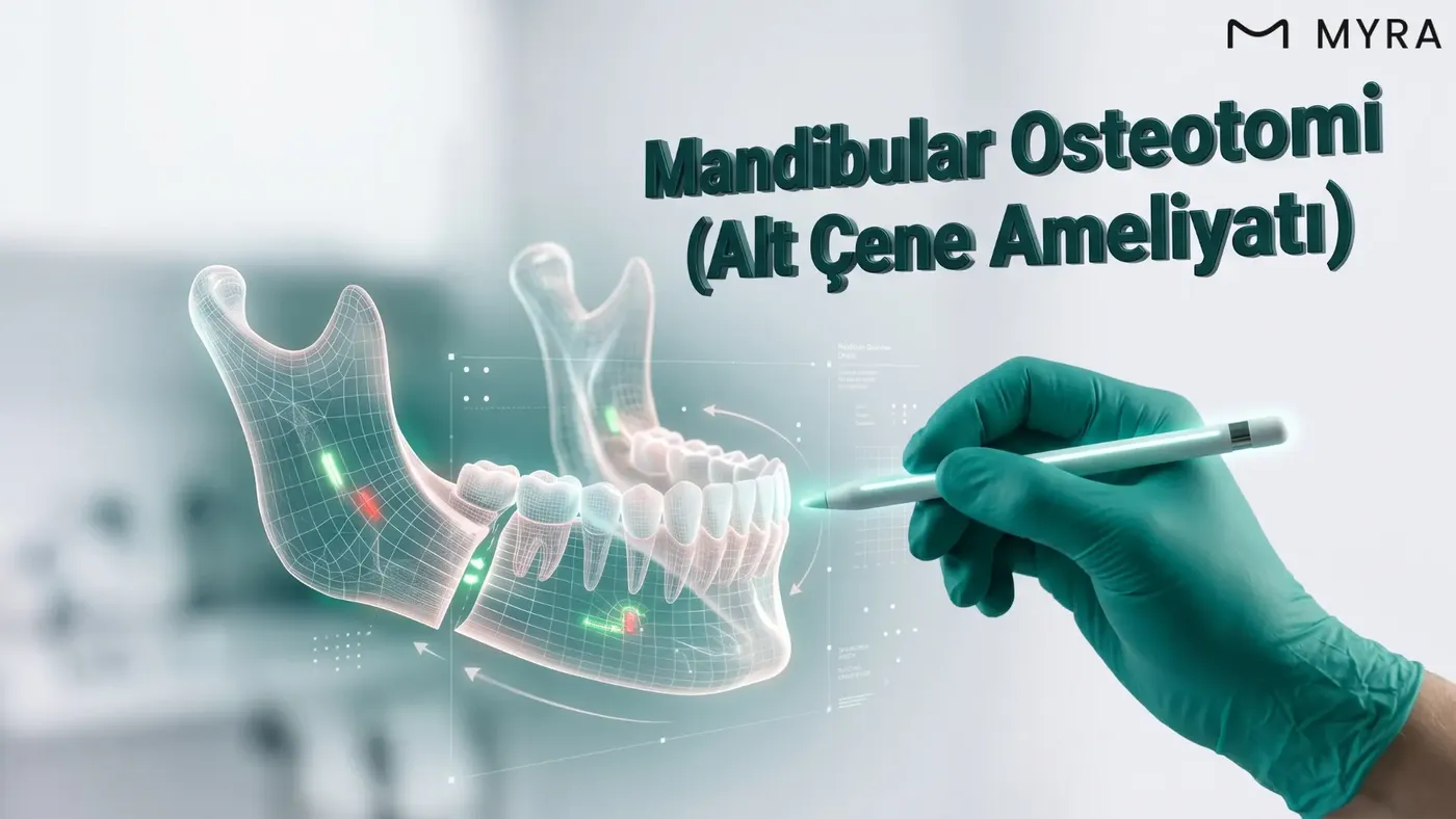 Alt çene çıkıklığı ve geriliğinin mandibular osteotomi ile düzeltilmesini gösteren görsel