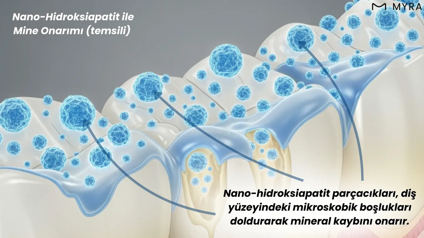 Nano-hidroksiapatit parçacıklarının mine yüzeyine tutunduğunu gösteren görsel
