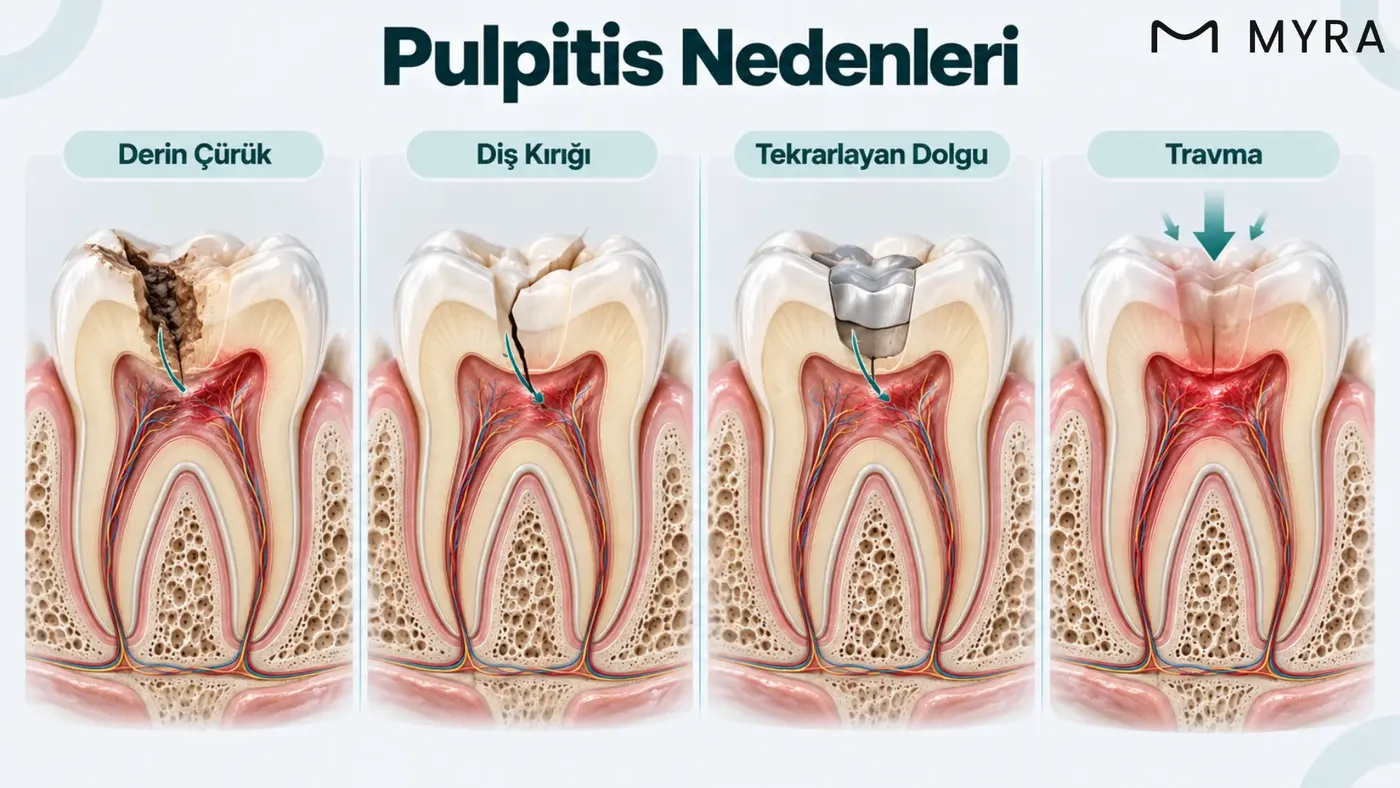 Derin çürük, diş kırığı, tekrarlayan dolgu ve travmanın pulpaya nasıl ulaştığını gösteren şema
