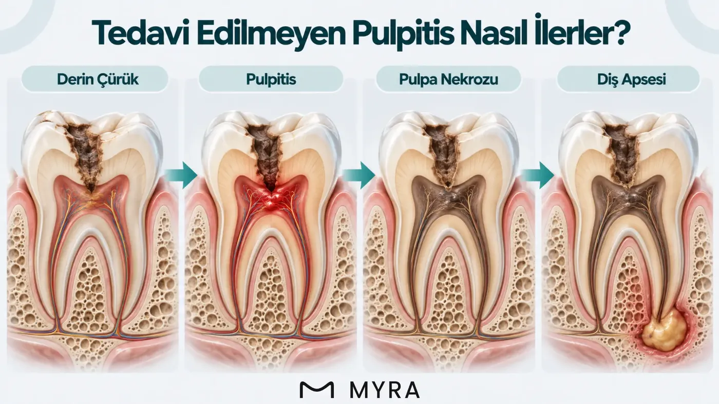 Derin çürükten pulpitise, oradan pulpa nekrozu ve diş apsesine uzanan ilerleme aşamalarını gösteren şema
