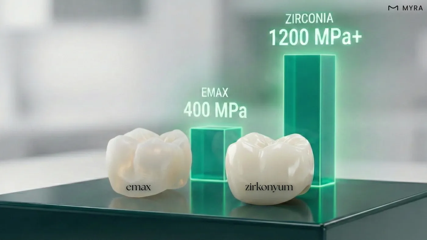 Zirkonyumun yüksek MPa değerleri ile Emax cam seramiğin dayanım farkını gösteren grafik
