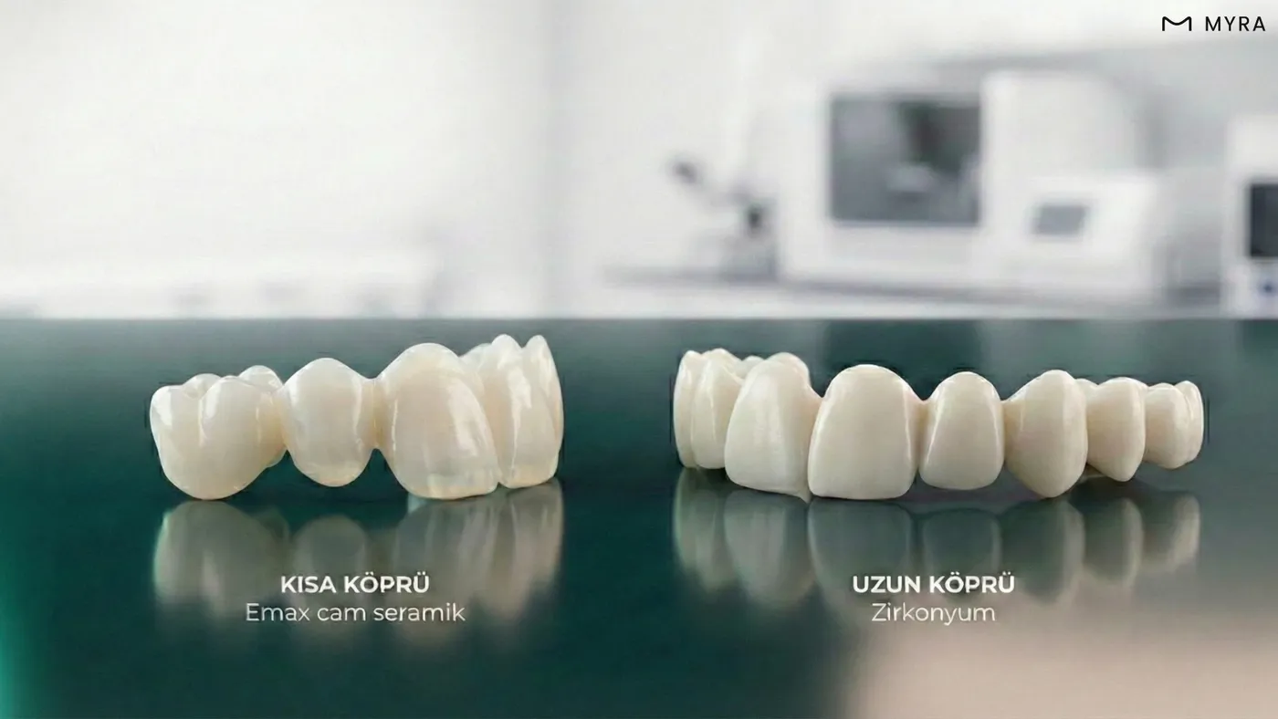 Emax’in kısa köprülerde, zirkonyumun ise uzun köprülerde kullanımını gösteren dental illüstrasyon